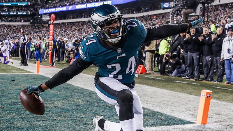 Philadelphia Eagles Corey Graham celebrates in the end zone following an  interception against the Minnesota Vikings. Photograph: Justin Lane/EPA