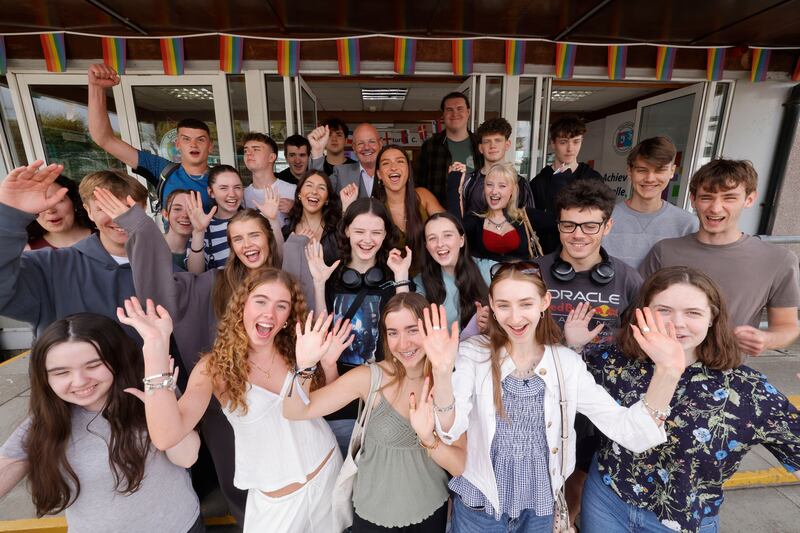 Principal Anthony Creevey pictured with Leaving Cert students from Clonturk Community College after receiving their results. Photograph: Alan Betson/ The Irish Times