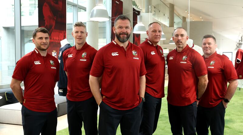Richard Wigglesworth, England, Simon Easterby, Ireland, Andy Farrell, the British and Irish Lions head coach, John Dalziel, Scotland, Andrew Goodman, Ireland and John Fogarty of Ireland. Photograph: David Rogers/Getty