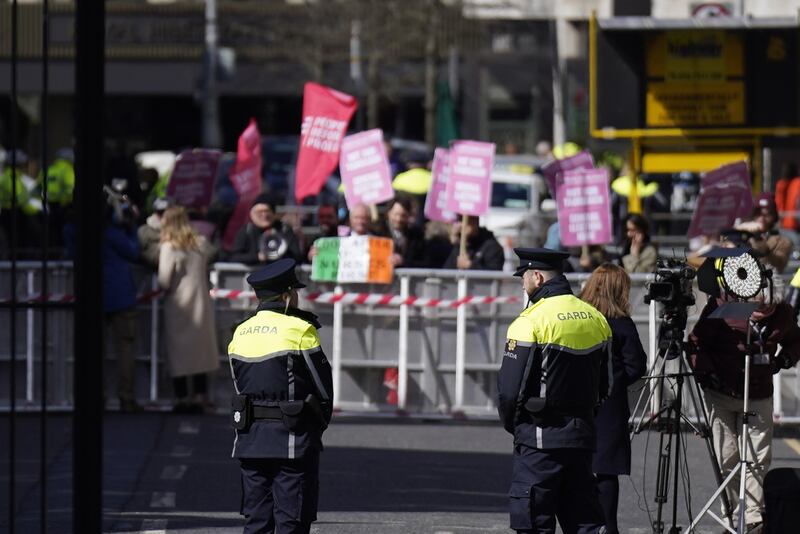 Protesters from the People Before Profit party outside the Dáil, ahead of the vote. Photograph: Niall Carson/PA Wire 