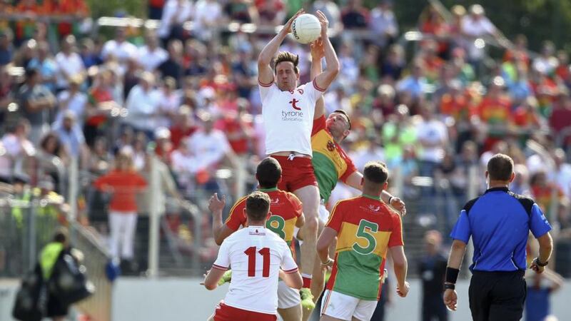 Tyrone’s Colm Cavanagh wins a high ball during the All-Ireland SFC Round 2 qualifier at  Netwatch Cullen Park in Carlow. Photograph:  Ken Sutton/Inpho