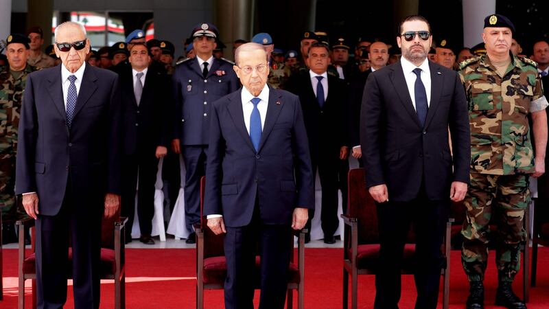Lebanese president Michel Aoun, centre; prime minister Saad Hariri, right; and parliament speaker Nabih Berri, left. Photograph: Anwar Amro/AFP/Getty Images