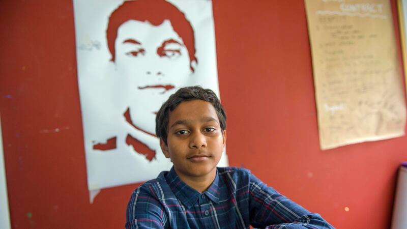 Arriving into View: Pahalavan Premareji with his self-portrait at UCC’s Glucksman gallery. Photograph: Michael Mac Sweeney/Provision