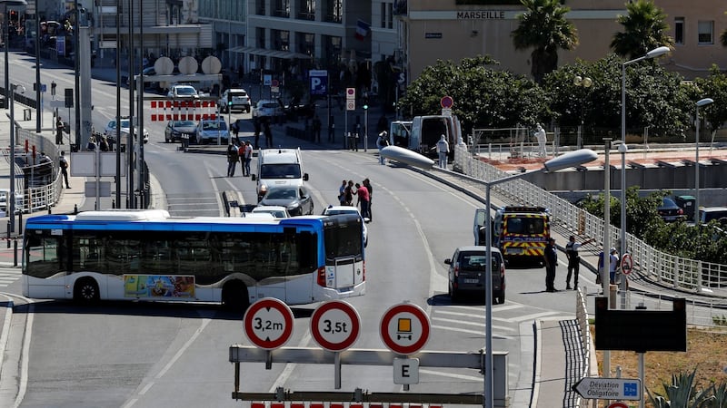French police secure the area in the French port city of Marseille, France after one person was killed and another injured when  a car crashed into two bus shelters, a French police source told Reuters on Monday. Photograph: Philippe Laurenson/Reuters