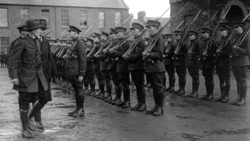 Minister for defence Gen Richard Mulcahy inspects Free State soldiers at Dublin Barracks after Partition in 1922. Photograph: Walshe/Topical Press Agency/Getty Images