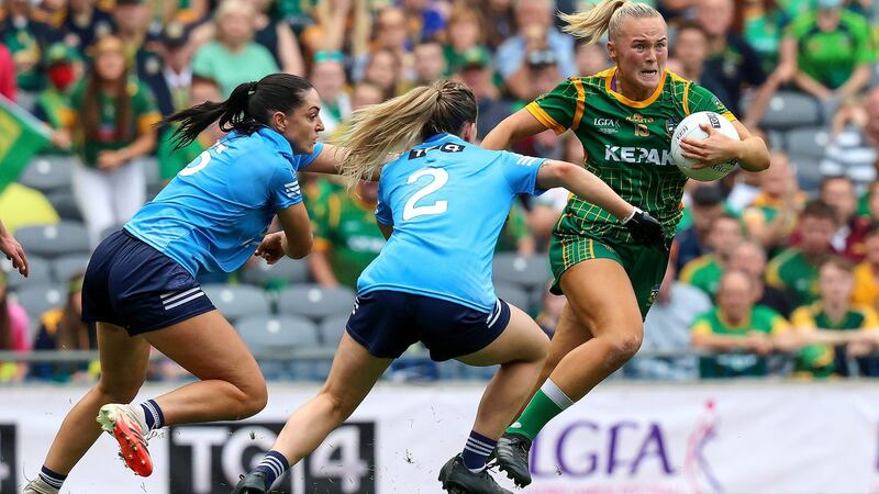 Meath’s Vikki Wall battles past Martha Byrne of Dublin at Croke Park on Sunday. Photograph: Bryan Keane/Inpho