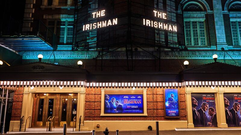 The Belasco Theatre on Broadway, New York,  advertising Netflix’s screening of The Irishman on October 21st, 2019.   Photograph: An Rong Xu/The New York Times