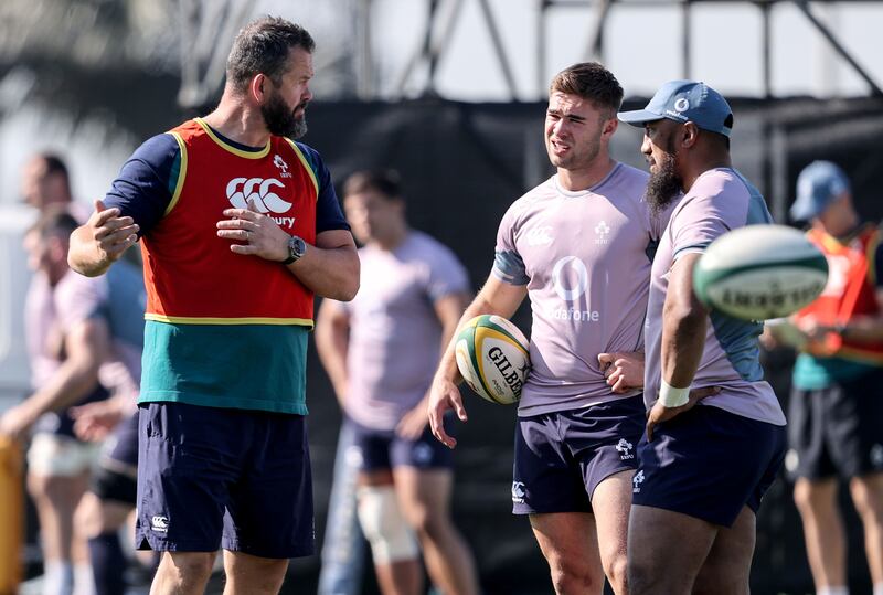Head coach Andy Farrell with Jack Crowley and Bundee Aki in training in Durban this week. Photograph: Dan Sheridan/Inpho