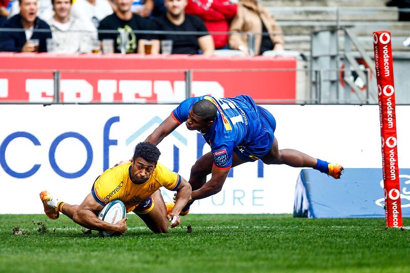 Robert Baloucoune's score for Ulster could well have been chalked off due to a forward pass. Photograph: Steve Haag/Inpho           