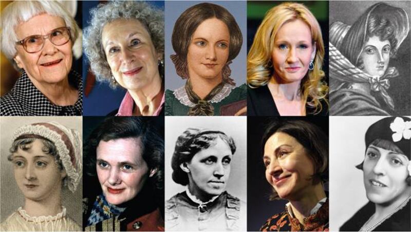 Top row (l-r): Harper Lee, Margaret Atwood, Charlotte Brontë, JK Rowling and Emily Brontë. Bottom row (l-r): Jane Austen, Daphne du Maurier, Louisa May Alcott, Donna Tartt and Dodie Smith
