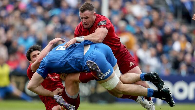 Leinster’s Jack Conan is tackled by Joey Carbery and  Dave Kilcoyne during the  Guinness Pro 14 semi-final at the  RDS. Photograph: Dan Sheridan/Inpho
