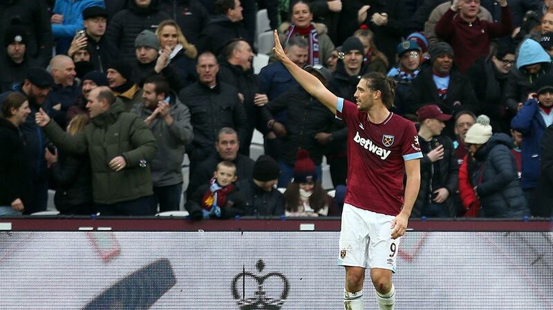 West Ham United’s Andy Carroll celebrates scoring his side’s second goal of the game during the FA Cup third round win over Birmingham City. Photo: Steven Paston/PA Wire