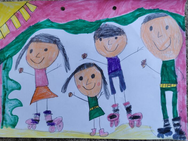 Róisín Fennelly, aged 7. ‘This is a picture of me, my brother Hugo (5), my sister Aisling (3) and my Daddy. My Mommy is a doctor and my Daddy has been minding us while she is at work. It’s been great fun because we get to eat hot dogs for lunch and do rollerskate derbies around the house!’