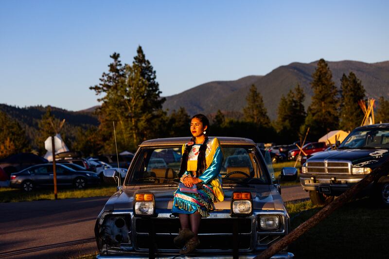 Dancer Cecilia Spencer in a jingle dress she made with her mother. Photograph: Tailyr Irvine/The New York Times