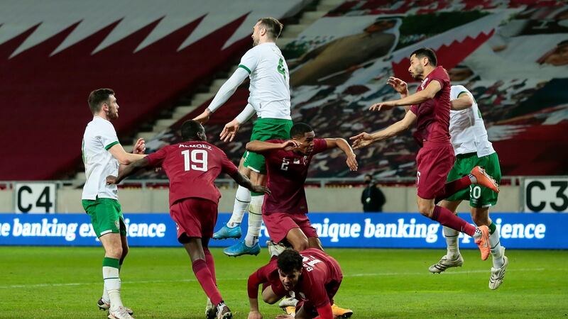 Shane Duffy heads a ball clear. Photo: Trenka Attila/PA Wire