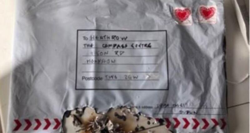 One of the three improvised devices sent to Heathrow airport, London City Airport and Waterloo rail station. Photograph: Alistair Bunkall/Sky News