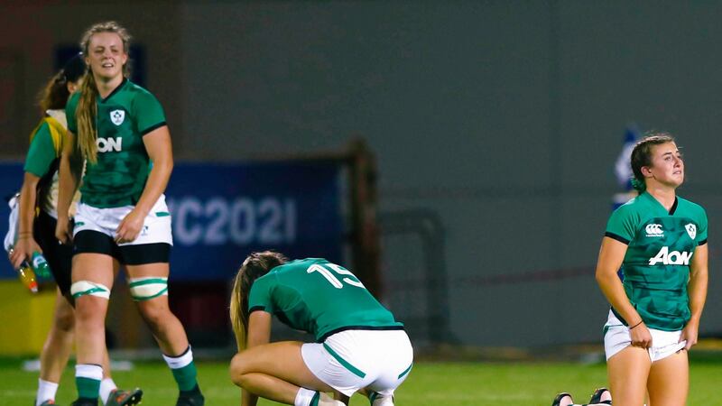Ireland players show their dejection after losing to Scotland in the Rugby World Cup European Qualifier at the Stadio Sergio Lanfranchi in  Parma. Photograph:  Matteo Ciambelli/Inpho
