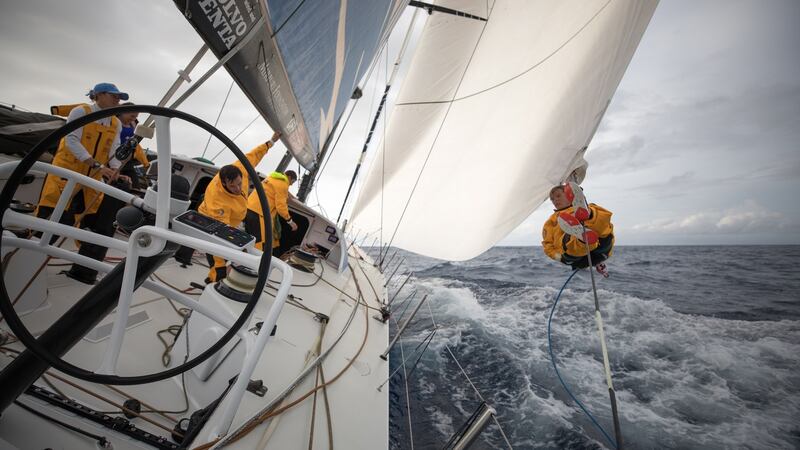 The crew in action on Turn the Tide on Plastic during the second leg of the Volvo Ocean Race from Lisbon to Cape Town. Photograph:  Sam Greenfield/Volvo Ocean Race