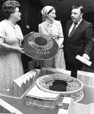 Muriel Large (left), administrator of the Irish Ballet Company, Joan Denise Moriarty, founder and artistic director, and Tom Donnelly, general manager, with a model of the company's planned new home in the Firkin Crane building at the old Cork Butter Market at Shandon. Photograph: Peter Thursfield/ The Irish Times