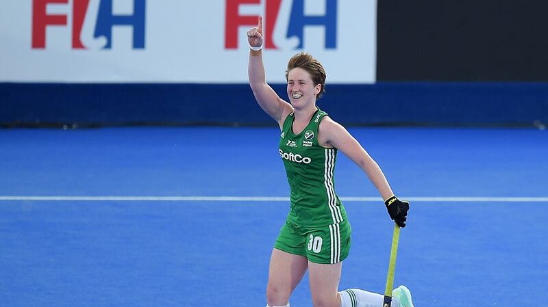 Ireland’s Ali Meeke celebrates her shootout goal against India in the quarter-finals of the World Cup. Photograph: Joe Toth/Inpho