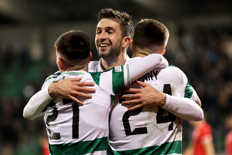 Neil Farrugia celebrates scoring Shamrock Rovers' second goal. Photograph: Laszlo Geczo/Inpho