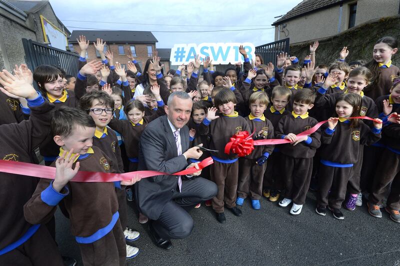 Prof Donal O Shea with pupils and teachers from St Claire’s Primary School Harolds Cross where he launched the Active School week with coordinator Karen Cotter. Photograph: Cyril Byrne