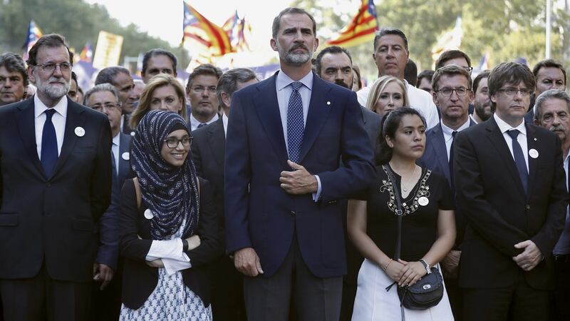 Spain’s King Felipe VI (centre), prime minister Mariano Rajoy (left) and the Catalan regional government’s president Carles Puigdemont (right), among others, at the  ‘No tinc por’ (I am not afraid) rally  to protest  terrorist attacks in Barcelona,  August 26th, 2017. Photograph: Andreu Dalmau /EPA