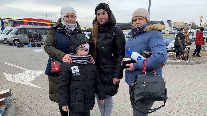 Halina Gryniv (far right) was a supermarket cashier in Ivano-Frankivsk, western Ukraine, until the war. She arrived in Poland with her sister, youngest son and daughter yesterday (Wed), after a five-day wait in freezing temperatures at the border. Photograph: Lara Marlowe
