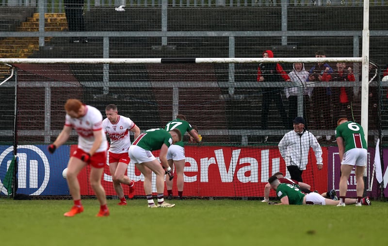 Derry celebrate a goal against Westmeath in Newry last June, the last time they won a game in 70 minutes. Photograph: Bryan Keane/Inpho
