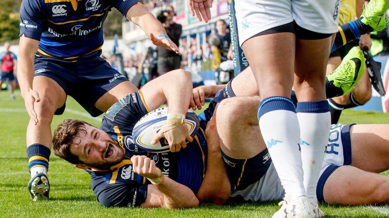 Leinster’s Barry Daly celebrates scoring his side’s fourth try against Montpellier at the RDS, Dublin. Photograph:  James Crombie/Inpho