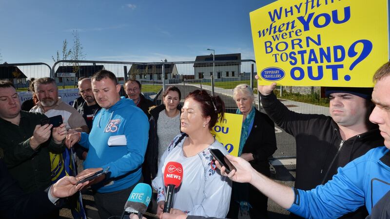 Protesters speaking after Presidential Candidate Peter Casey visited Cabra Bridge, Thurles on Thursday speaking to members of the media.  Photograph: Alan Betson / The Irish Times