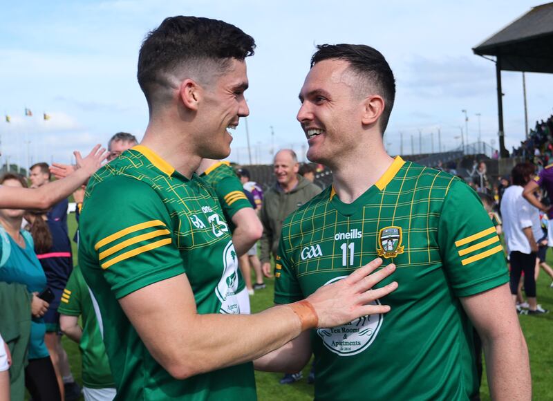 Meath's Donal Lenihan and James McEntee celebrate after their win in the Tailteann Cup quarter-final. Photograph: Tom Maher/Inpho