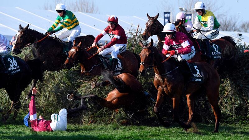 Russell takes evasive action on eventual winner Tiger Roll (C) after Alpha Des Obeaux unseated jockey Rachael Blackmore at The Chair. Photo: Paul Ellis/Getty Images