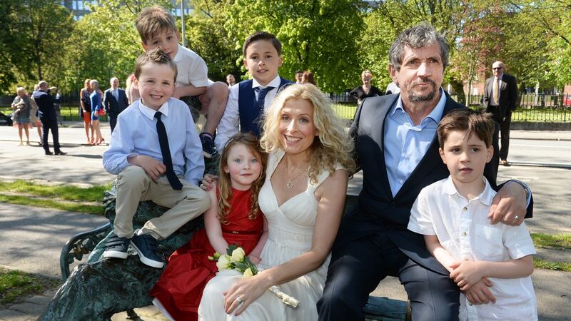 Charlie Bird and his wife Claire Mould with Ms Mould’s nephews, Josh and Luke, and Mr Bird’s grandchildren Hugo and Charlie O’Dowd and Abigal Redmond after they married in Dublin. Photograph: Cyril Byrne