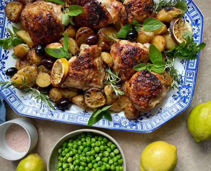Lemony Greek chicken and potatoes. Photograph: Lily Higgina