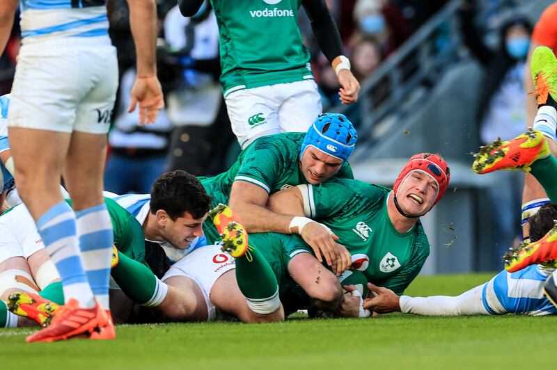 Ireland's Josh van der Flier scores a try against Argentina at the Aviva Stadium. Photograph: Billy Stickland/Inpho 
