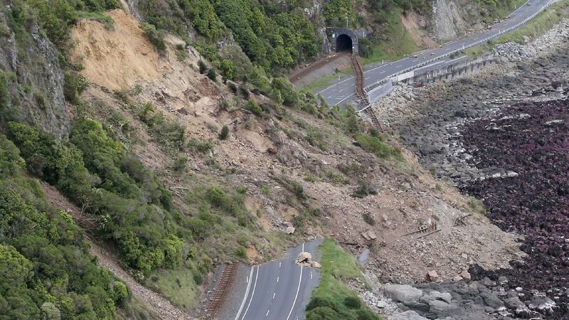 Earthquake damage to State Highway One near Ohau Point on the South Island’s east coast. Photo: Getty Images