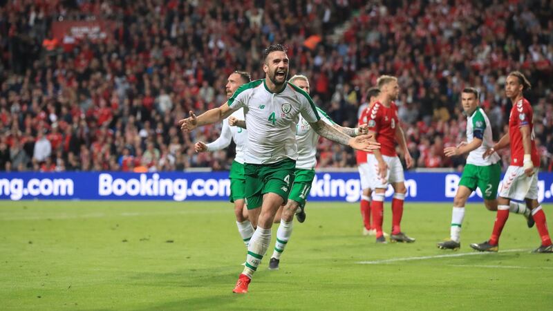 Shane Duffy celebrates scoring Ireland’s equaliser against Denmark. Photograph:   Bradley Collyer/PA Wire
