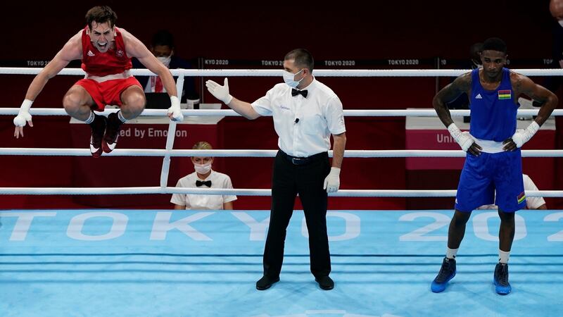 Ireland’s Aidan Walsh reacts after defeating Merven Clair of Mauritius to reach the semi-finals in the men’s welterweight division at the Tokyo 2020 Olympics. Photo: Frank Franklin II/AP Photo