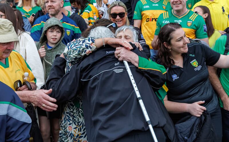 Donegal manager Jim McGuinness celebrates with his mother Maureen at the final whistle in Clones after the Ulster final win over Armagh. Photograph: James Crombie/Inpho