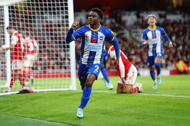 Tariq Lamptey of Brighton & Hove Albion celebrates after scoring his team's third goal. Photograph: Clive Rose/Getty Images