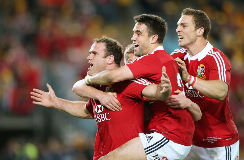 Jamie Roberts celebrates with teammates Conor Murray and George North after scoring the Lions' fourth try during a Test match against Australia in Sydney in 2013. Photograph: David Rogers/Getty Images