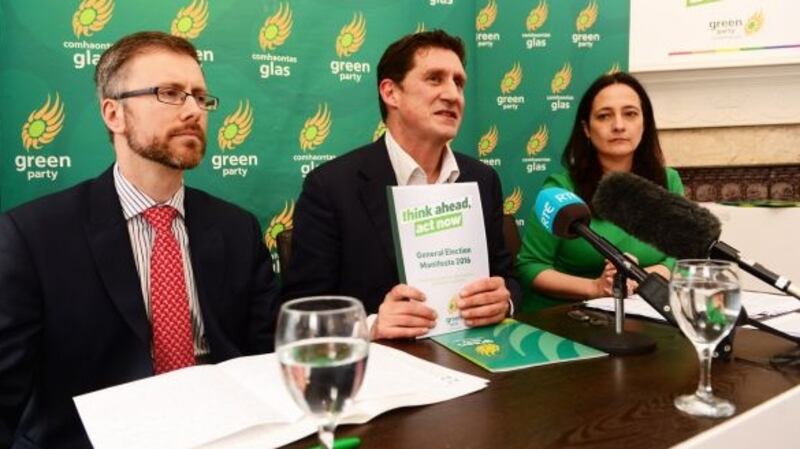 Green Party members (from left) Roderic O’Gorman, chairman; Eamon Ryan leader and Cllr Catherine Martin, deputy leader have become  Ministers of Children, Climate Action/Transport and Arts/Culture respectively. Photograph: Cyril Byrne/The Irish Times