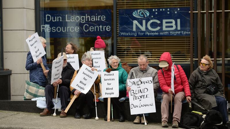 Service users protest against the closure of National Council for the Blind Resource Centre in Dún Laoghaire. Photograph: Alan Betson / The Irish Times