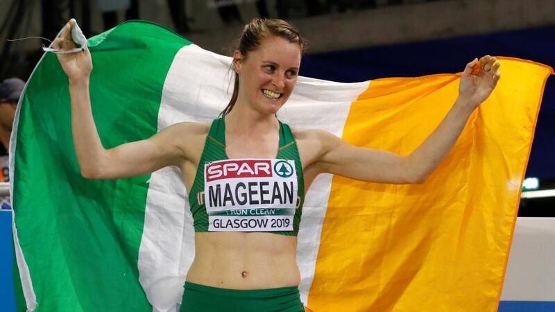 Ciara Mageean of Ireland celebrates her third place in the women’s 1,500m final at the  European Athletics Indoor Championships in  Glasgow on Sunday. Photograph: Valdrin Xhemaj/EPA
