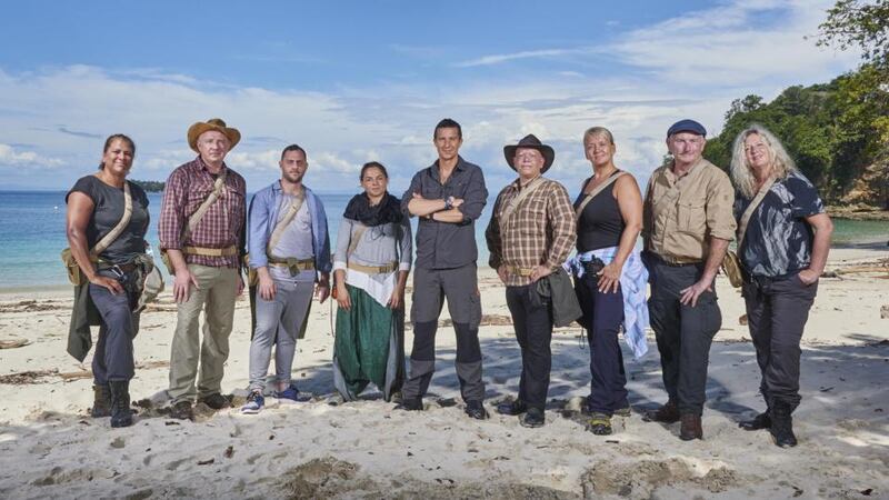 The Island’s older set: Bear Grylls with Jacqueline, Phil, Jager, Stefania, Aran, Jane, Frank and Karen