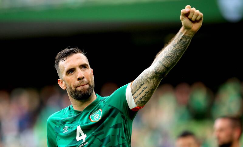Ireland’s Shane Duffy celebrates after the victory over Scotland at the Aviva Stadium. Photograph: Ryan Byrne