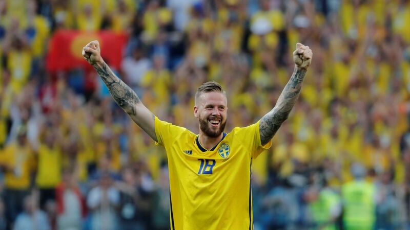 Sweden’s Pontus Jansson celebrates victory after the match. Photograph: Carlos Barria/Reuters