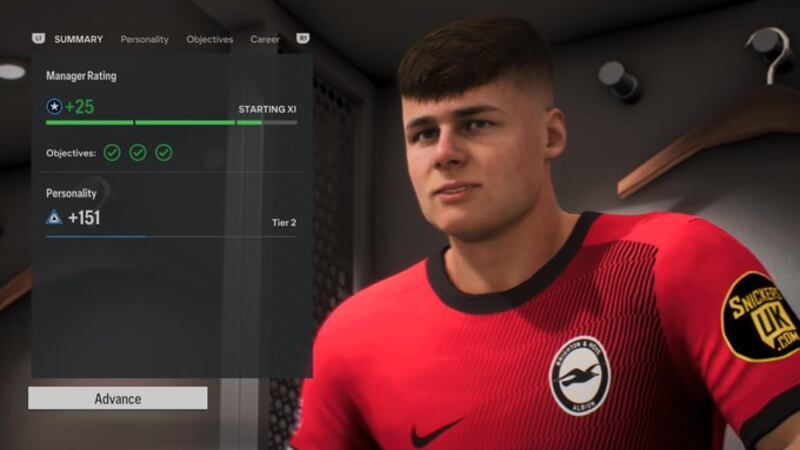 Evan Ferguson listening to Brighton manager Roberto De Zerbi's post-game team talk in EA Sports FC 24 after another goalscoring haul