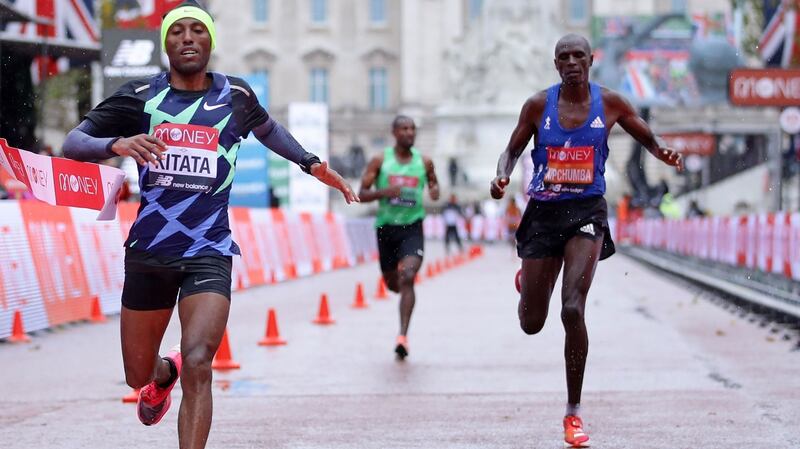 Ethiopia’s Shura Kitata beats Kenya’s Vincent Kipchumba and Ethiopia’s Sisay Lemma at the finish. Photograph: Getty Images